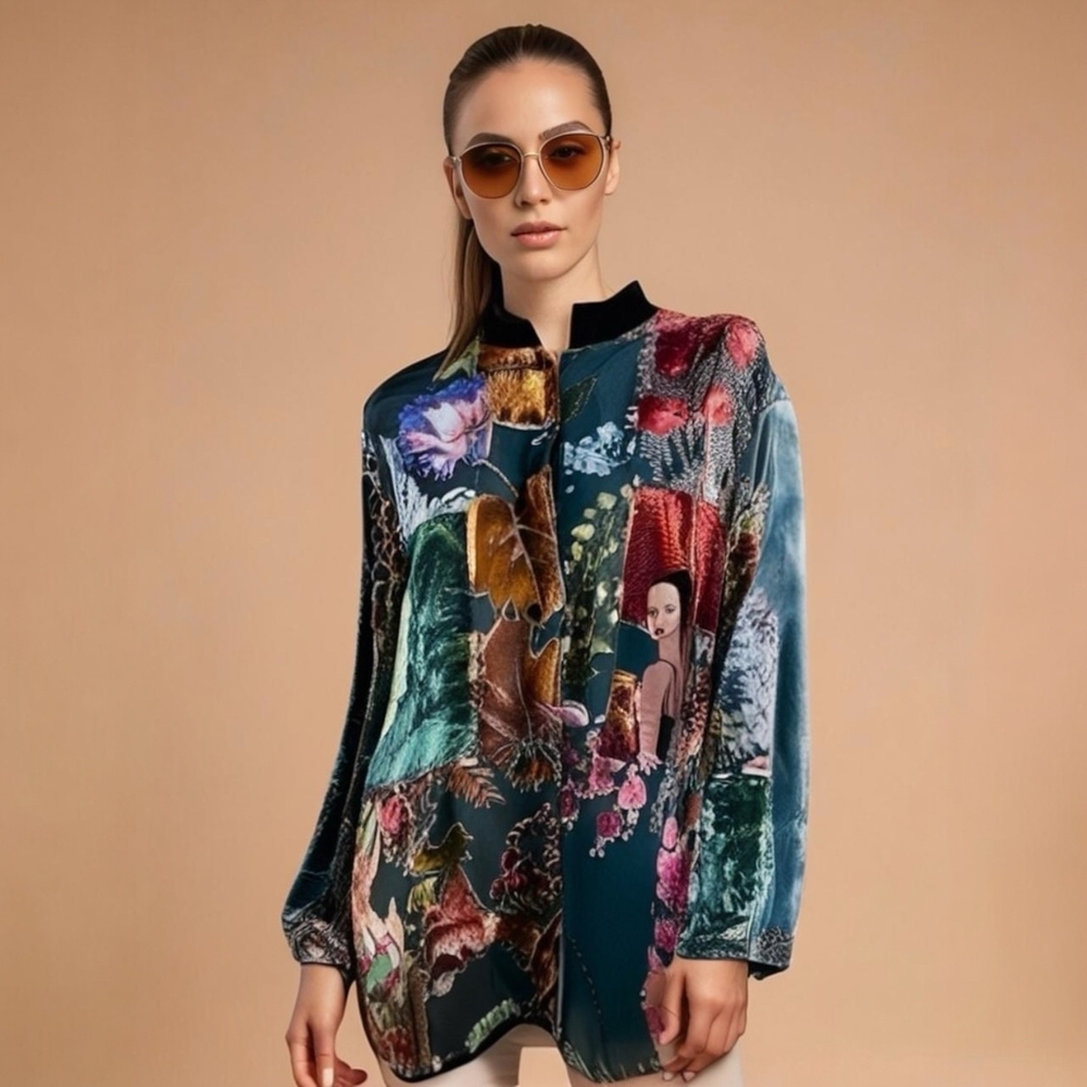 Draper's & Damon's Burnout Velvet Blouse Black Multicolor Patchwork L Silk Rayon